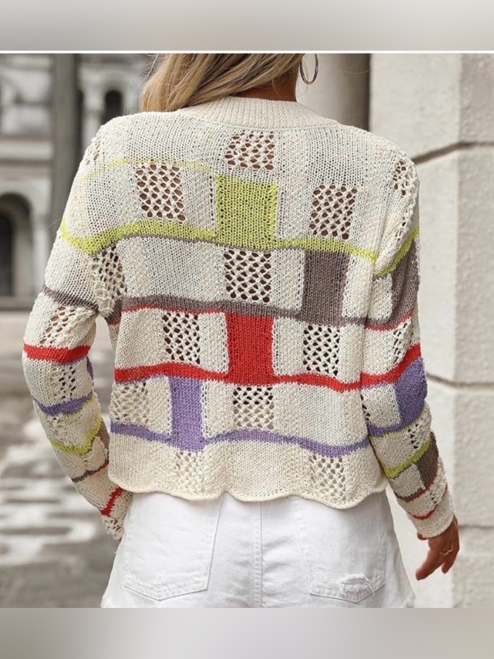 Pull&Bear Cream Openwork Knit Cardigan with Multicolor Block Stripes
